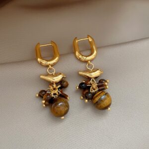Natural Tiger Eye Beaded Earrings with Bird Charm